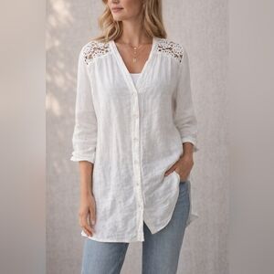 Brand Bazar Y2K 100% Linen Button Down Boho   W-Daisy Detail  Lace Top  Sz L